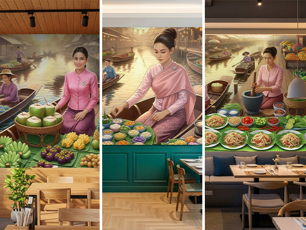 ภาพพิมพ์ลายแม่ค้าส้มตำ ผลไม้ ของหวาน ตลาดน้ำไทย (31 แบบ)