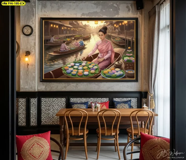 วอลเปเปอร์ร้านขนมไทยโบราณ จัดวางในร้านแล้วช่วยให้ภาพรวมดูน่ารักและมีความเป็นไทยชัดขึ้น
