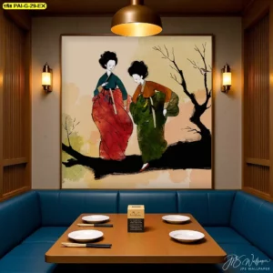 ภาพวาดชุดฮันบกแนวศิลป์ร่วมสมัย ใช้เป็นวอลเปเปอร์ลายฮันบกสำหรับตกแต่งร้านอาหารเกาหลีให้ดูโดดเด่น