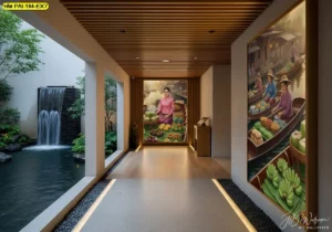 วอลเปเปอร์ลายวิถีชีวิตตลาดน้ำ เหมาะกับการตกแต่งร้านให้ดูอบอุ่น เป็นกันเอง และมีอัตลักษณ์ไทย