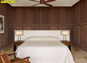 วอลเปเปอร์ลายกรุผนังไม้ เหมาะกับผนังหัวเตียงที่ต้องการบรรยากาศอบอุ่นและดูเป็นระเบียบ