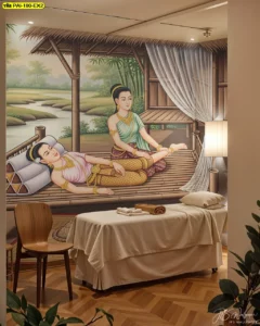 ภาพนวดแผนไทย สื่ออารมณ์ของการพักผ่อนอย่างสงบ เหมาะกับร้านที่ต้องการภาพจำชัดเจนและดูอบอุ่น