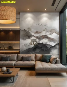 วอลเปเปอร์ภูเขาสไตล์จีน ช่วยขับความงามของพื้นที่ให้ดูเรียบหรู และเพิ่มกลิ่นอายศิลปะตะวันออก