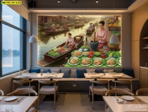วอลเปเปอร์ร้านอาหารอีสาน ช่วยให้พื้นที่ภายในร้านดูมีเรื่องราวและเข้ากับบรรยากาศการนั่งทานแบบสบาย ๆ