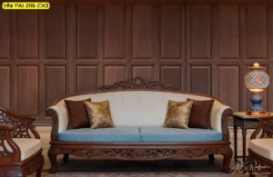 Classic wooden wall panel mural เหมาะกับผนังหลังโซฟาที่ต้องการความหรูและความต่อเนื่องของเส้นสาย