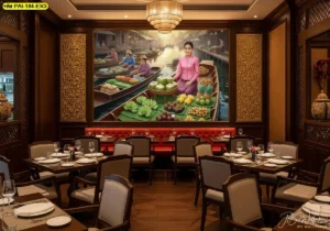 ภาพวาดเรือขายผลไม้ตลาดน้ำ เหมาะกับร้านที่ต้องการลวดลายผนังแบบไทยพื้นบ้านและดูน่าสนใจ