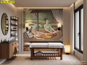 วอลเปเปอร์ลายไทยสปา เหมาะกับห้องนวดที่ต้องการโทนผ่อนคลาย สุภาพ และดูมีความประณีต