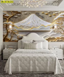 วอลเปเปอร์ลายต้นไม้สีทอง ช่วยให้ผนังดูโดดเด่นอย่างพอดี และเพิ่มความละมุนให้บรรยากาศของบ้าน