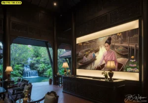 ภาพวาดแม่ค้าขายขนมไทย ช่วยสร้างจุดเด่นให้ผนังร้านและทำให้บรรยากาศดูเป็นมิตรยิ่งขึ้น