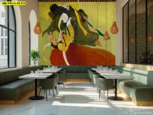 วอลเปเปอร์ลายฮันบกพร้อมภาพวาดชุดฮันบกแนวศิลป์เกาหลี ใช้ตกแต่งร้านอาหารเกาหลีให้ได้บรรยากาศ Korean traditional interior