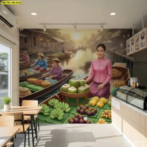 ภาพศิลปะตกแต่งร้านผลไม้ไทย ช่วยให้ผนังร้านดูสวยละมุนและสื่อความเป็นไทยได้อย่างกลมกลืน