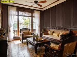 วอลเปเปอร์ลายกรุไม้โบราณ เพิ่มกลิ่นอายหรูสงบให้ห้องนั่งเล่นและทำให้พื้นที่ดูมีคุณค่า