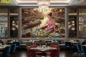 ภาพวาดแม่ค้าขายขนมไทย ช่วยเสริมภาพลักษณ์ร้านให้ดูมีเสน่ห์แบบไทยแท้และน่าจดจำสำหรับลูกค้า