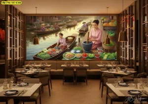 วอลเปเปอร์ตกแต่งร้านส้มตำ ทำให้ร้านดูอบอุ่น เป็นกันเอง และเหมาะกับการนั่งทานแบบสบาย ๆ