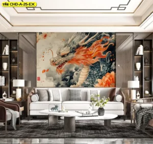 วอลเปเปอร์ติดผนังลายมังกร ช่วยขับให้ผนังห้องรับแขกดูมีความน่าเกรงขามและสวยสะดุดตายิ่งขึ้น