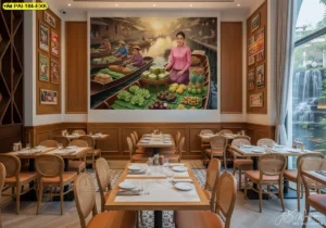 ภาพติดผนังตลาดน้ำไทย ช่วยให้พื้นที่ภายในร้านดูมีมิติและสะท้อนบรรยากาศชุมชนริมน้ำแบบไทย