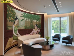 วอลเปเปอร์ลายผู้หญิงไทย เหมาะกับร้านที่ต้องการผนังตกแต่งสวยสุภาพ และสะท้อนเสน่ห์ความเป็นไทย