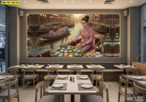 ภาพวาดแม่ค้าขายขนมไทย และวอลเปเปอร์ตกแต่งร้านขนมไทย ช่วยให้ร้านดูโดดเด่นและอบอุ่นมากขึ้น