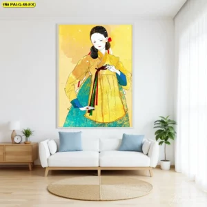 วอลเปเปอร์ลายฮันบก จับคู่กับภาพวาดชุดฮันบก ช่วยยกระดับบรรยากาศร้านให้ดูอ่อนโยน เรียบหรู และมีสไตล์เกาหลี