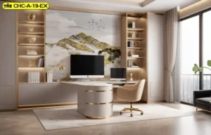 ภาพวาดติดผนังลายภูเขาสีทอง ช่วยให้ผนังธรรมดาดูมีคุณค่าและกลายเป็นจุดเด่นของห้องได้อย่างนุ่มนวล