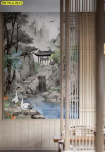 ตกแต่งผนังร้านอาหารเกาหลี ด้วยวอลเปเปอร์ลายธรรมชาติเกาหลี ช่วยให้พื้นที่ดูสงบ โปร่งสบาย และน่านั่งมากขึ้น