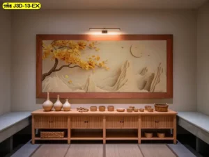 ภาพวาดต้นไม้สีทองติดผนัง ช่วยให้พื้นที่ดูอบอุ่นและหรูขึ้น พร้อมเพิ่มจุดสนใจให้ผนังบ้าน