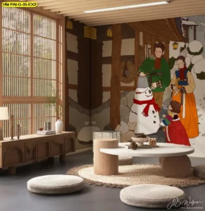 วอลเปเปอร์เกาหลีสมัยโบราณ จัดองค์ประกอบร่วมกับภาพวาดวิถีชีวิตเกาหลี ช่วยให้ร้านดูมีเรื่องราวและกลิ่นอายแท้จริง