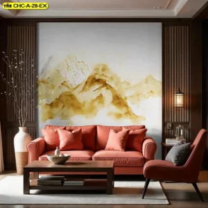 ภาพติดผนังลายภูเขาฮวงจุ้ย ช่วยให้พื้นที่หลักของบ้านดูมีเอกลักษณ์ และสื่ออารมณ์สงบได้อย่างกลมกลืน