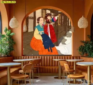 ภาพวาดชุดฮันบก รายละเอียดงดงามสื่ออารมณ์แบบดั้งเดิม เหมาะสำหรับวอลเปเปอร์ร้านอาหารเกาหลี ที่ต้องการภาพจำชัดเจน