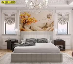 วอลเปเปอร์ลายต้นไม้ 3 มิติ เหมาะกับมุมรับแขกที่ต้องการความโดดเด่นแบบธรรมชาติและดูสบายตา