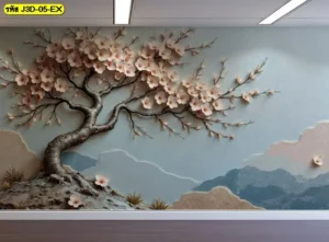 วอลเปเปอร์ลายต้นไม้ 3 มิติ ช่วยเพิ่มความสบายตาให้ห้องนั่งเล่น และทำให้ผนังดูมีความต่อเนื่อง