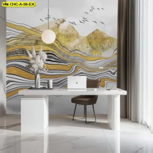 ภาพวาดภูเขาสีทองสไตล์จีน ช่วยเติมรายละเอียดให้ผนังดูน่าสนใจ และเข้ากับบรรยากาศบ้านสมัยใหม่