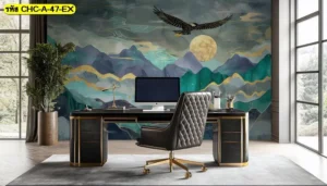 ภาพวาดติดผนังลายภูเขาสีทอง ช่วยสร้างบรรยากาศสงบหรู และเพิ่มมิติให้ผนังดูโดดเด่นอย่างมีรสนิยม