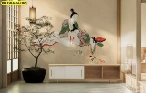 ภาพติดผนังเกาหลีโบราณ จับคู่กับภาพวาดชุดฮันบก ช่วยให้ร้านดูมีจังหวะของศิลปะและวัฒนธรรมที่ลงตัว