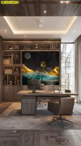 ภาพวาดติดผนังลายภูเขาสีทอง ช่วยเสริมผนังให้มีมิติ เหมาะกับบ้านที่ต้องการความเรียบหรูแบบอบอุ่น