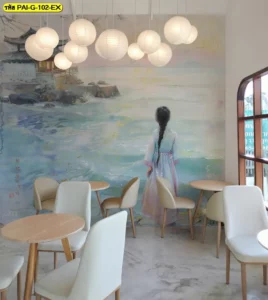 ภาพวาดเกาหลีโบราณ ช่วยเพิ่มจุดสนใจให้ผนังร้านและทำให้บรรยากาศโดยรวมดูมีความประณีตมากขึ้น