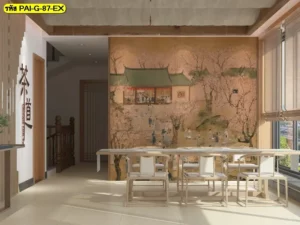 วอลเปเปอร์เกาหลีสมัยโบราณ ผสานกับภาพวาดวิถีชีวิตเกาหลี ช่วยให้ร้านดูมีชีวิตชีวาและมีเรื่องราว