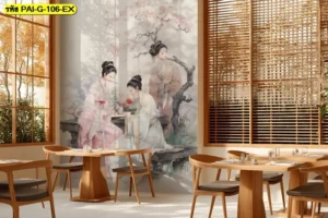 วอลเปเปอร์ลายฮันบก ผสานกับวอลเปเปอร์ลายธรรมชาติเกาหลี ช่วยทำให้ร้านดูสมดุล สบายตา และมีเสน่ห์