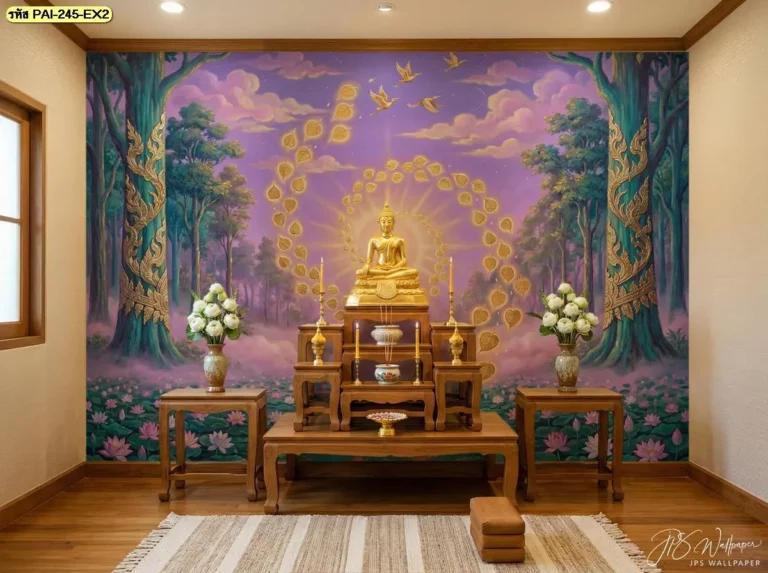 วอลเปเปอร์ห้องพระลายป่าหิมพานต์ โทนม่วงทองเต็มผนังห้องพระ
