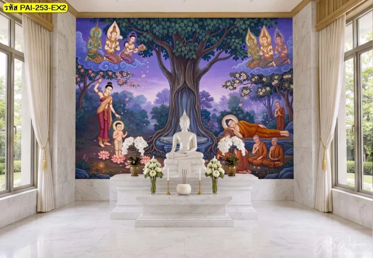 วอลเปเปอร์ภาพพุทธประวัติใต้ต้นโพธิ์ พร้อมพระพุทธรูปสีขาวและดอกบัวในห้องพระโทนสว่าง